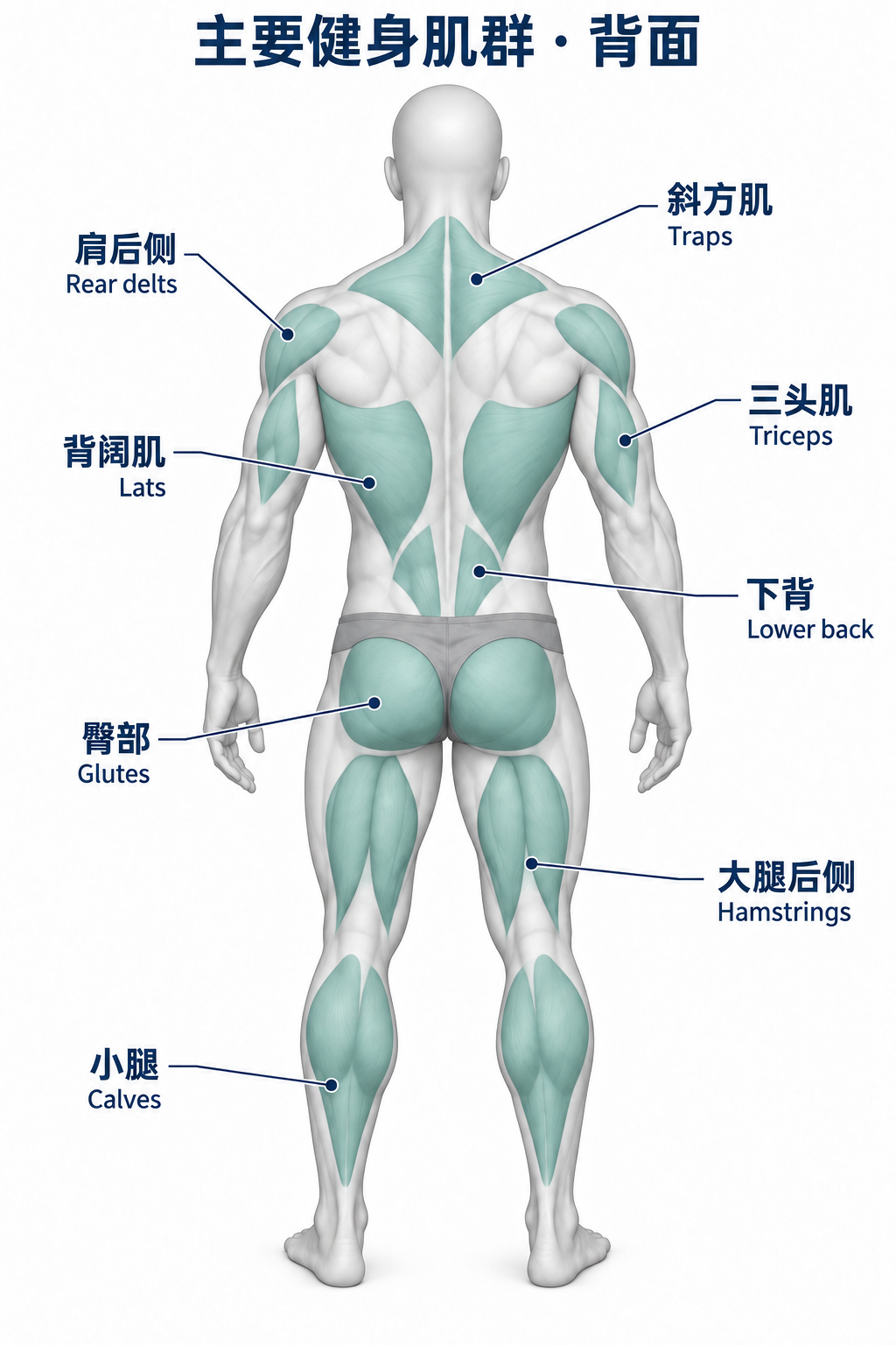 主要健身肌群背面简图:肩后侧 Rear delts、斜方肌 Traps、背阔肌 Lats、三头肌 Triceps、下背 Lower back、臀部 Glutes、大腿后侧 Hamstrings、小腿 Calves。
