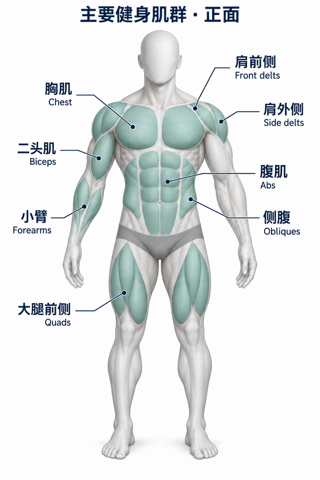 主要健身肌群正面简图:胸肌 Chest、肩前侧 Front delts、肩外侧 Side delts、二头肌 Biceps、小臂 Forearms、腹肌 Abs、侧腹 Obliques、大腿前侧 Quads。