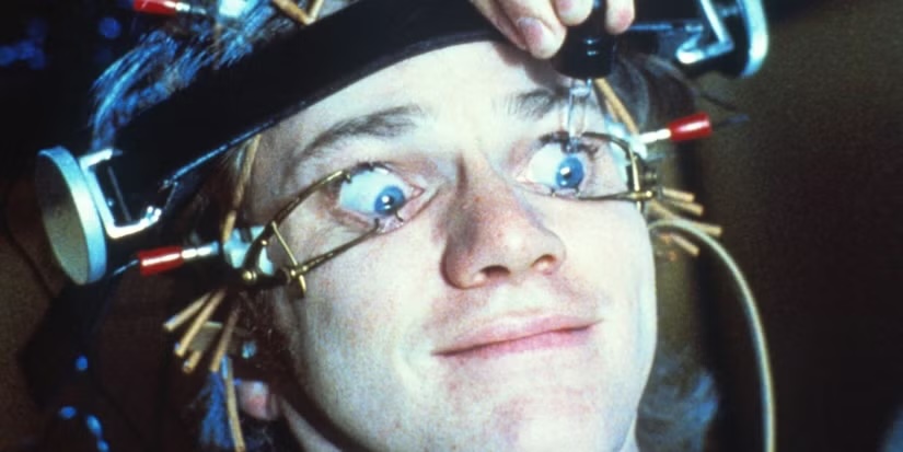 Malcolm McDowell with his eyes held open in A Clockwork Orange
